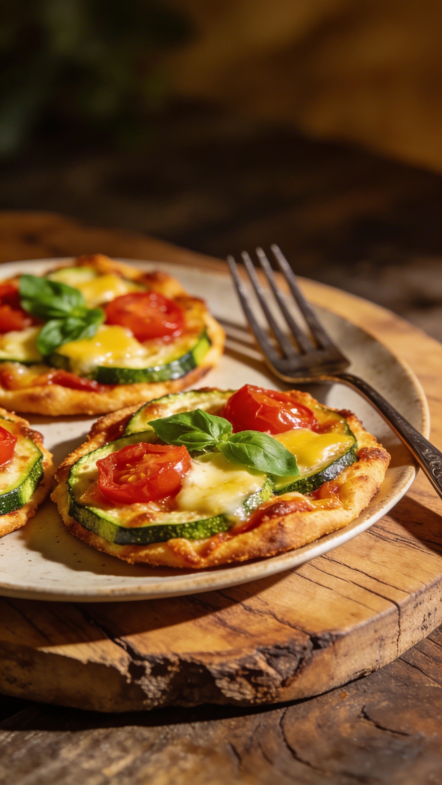 Plated zucchini pizzas on a rustic wooden board with a fork, styled for serving, showing the crispy edges and colorful toppings with natural lighting