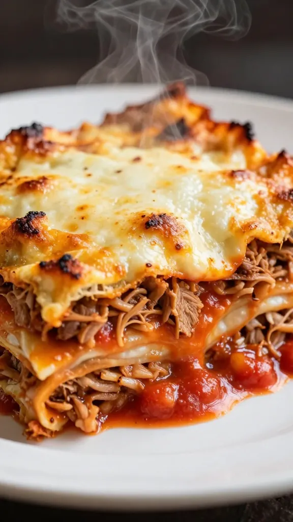 **Close-up of a golden-brown lasagna slice with layers of tender pork, melted cheese, and rich tomato sauce, steam rising from the freshly baked dish.**