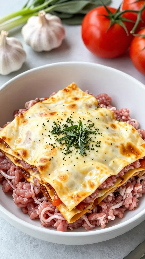 **Raw ground pork mixed with herbs (fennel and sage) in a bowl, ready to be layered into lasagna, with fresh ingredients like garlic and tomatoes nearby.**