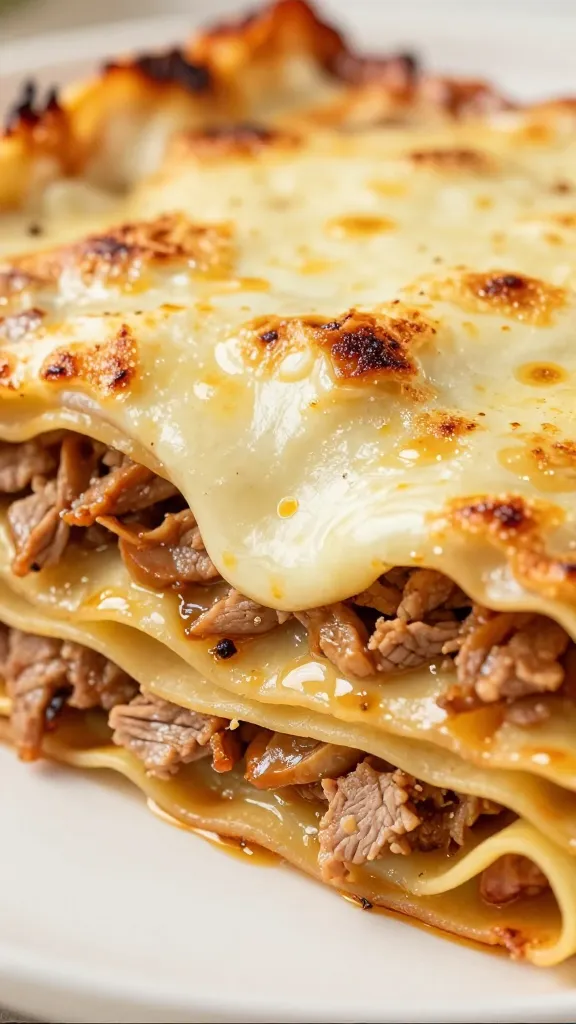 **Cross-section of pork lasagna showcasing distinct layers of pasta, seasoned pork, creamy béchamel, and gooey mozzarella, with crispy edges.**