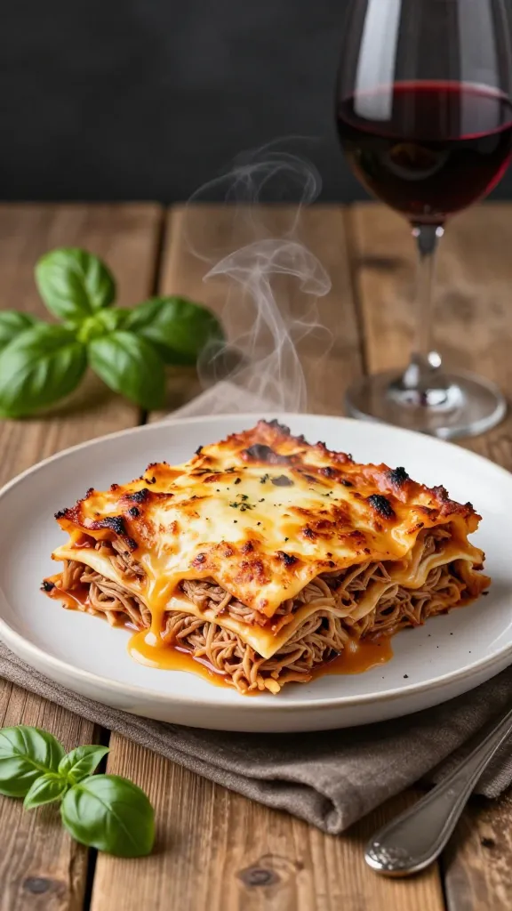 **A rustic wooden table setting with a steaming pork lasagna as the centerpiece, surrounded by fresh basil and a glass of red wine.**