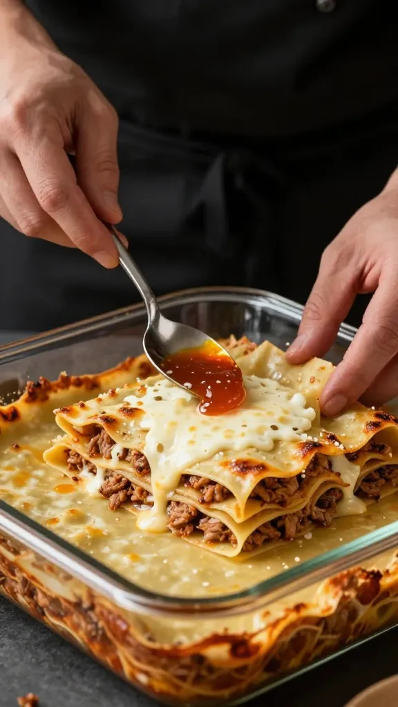 **Chef’s hands assembling lasagna layers in a deep baking dish, alternating pasta sheets, pork filling, and cheese, with a spoon of sauce drizzled on top.**