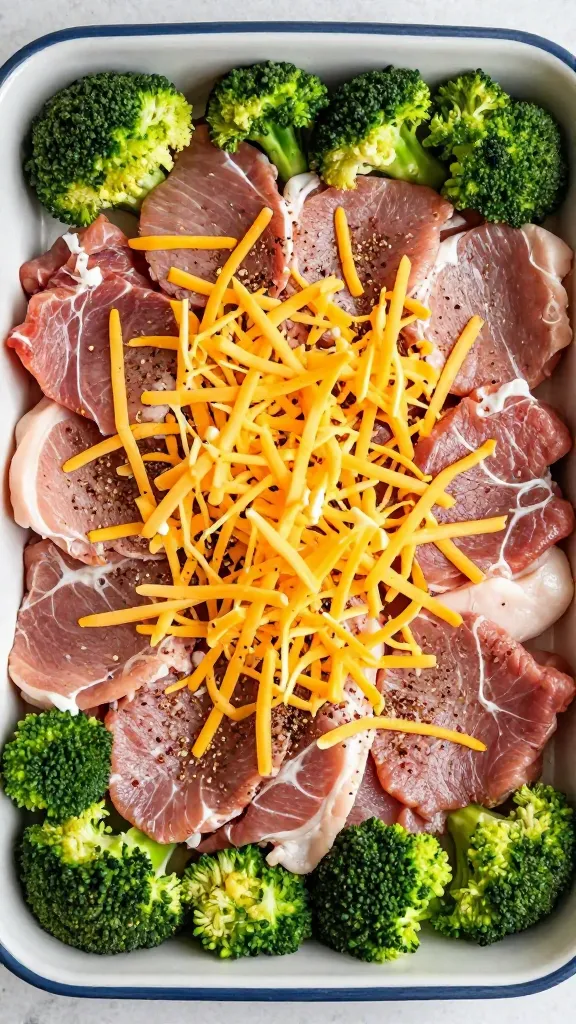 **Overhead shot of assembling the casserole layers**: raw pork slices seasoned with spices, a layer of fresh broccoli florets, and shredded sharp cheddar cheese being sprinkled generously over the top before baking.