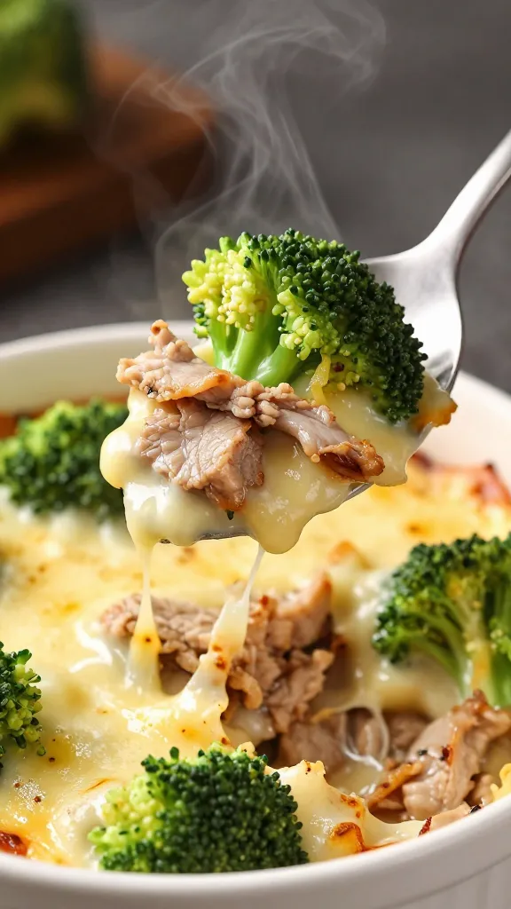 **Side-view of a steaming serving spoon scooping into the baked dish**, revealing the creamy interior with perfectly cooked pork, tender broccoli, and gooey cheese clinging to the spoon.