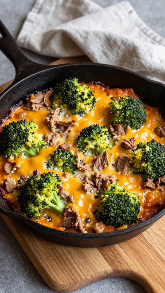 **A rustic cast-iron skillet filled with the cheddar pork and broccoli bake**, still bubbling slightly at the edges, placed on a wooden cutting board with a linen napkin draped nearby for a cozy, homestyle feel.