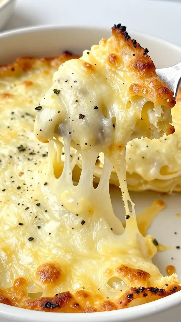 **A fork twisting a bite of the bake**, capturing strands of melted cheese stretching from the dish, with flecks of black pepper and herbs visible on the crispy cheese crust.