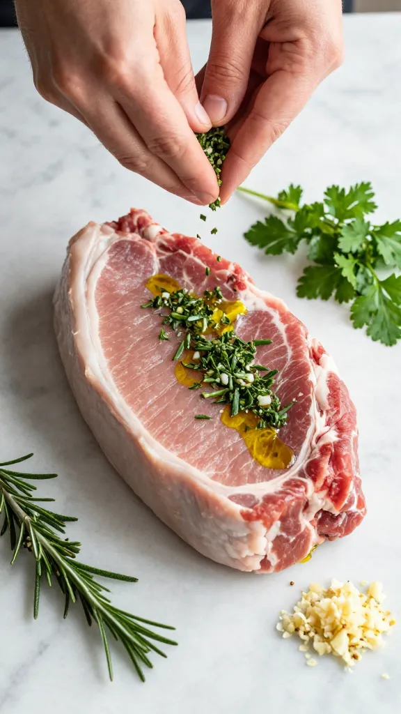 **Hands sprinkling a mix of chopped fresh herbs (rosemary, thyme, parsley) and minced garlic over a raw pork tenderloin**, with olive oil drizzled on top, ingredients laid out on a marble countertop.