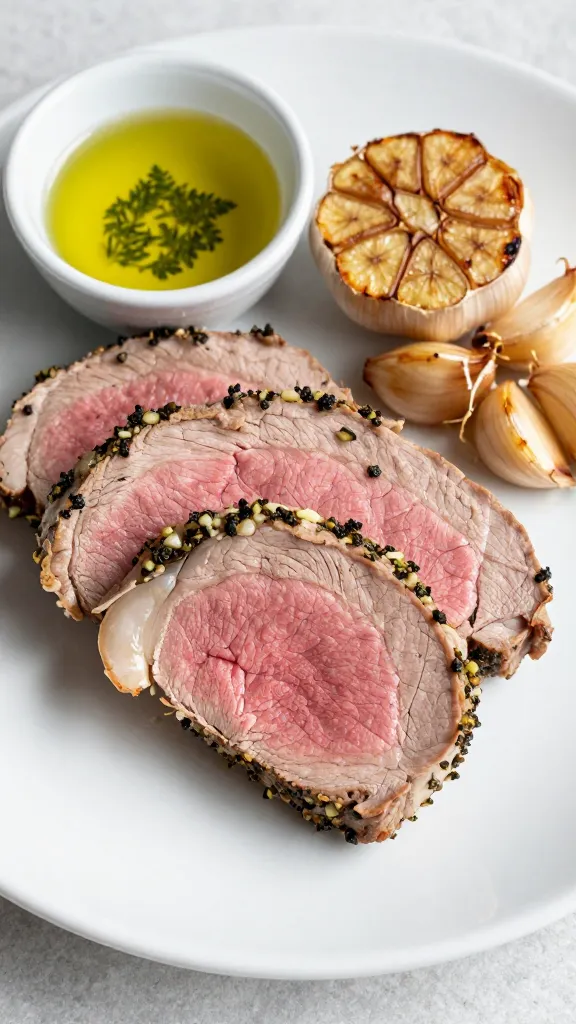 **Sliced garlic herb pork tenderloin on a white ceramic platter**, juicy pink center exposed, garnished with a few whole roasted garlic bulbs and a small bowl of herb-infused olive oil beside it.