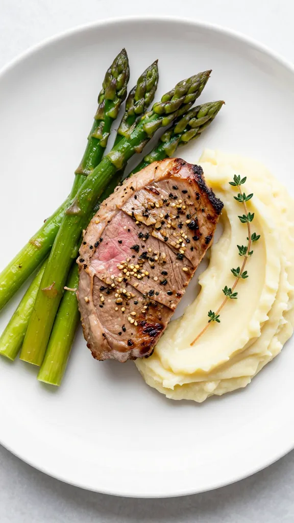 **Overhead shot of a beautifully plated dinner with garlic herb pork tenderloin as the centerpiece**, paired with roasted asparagus and a swirl of creamy mashed potatoes, garnished with a sprig of fresh thyme.