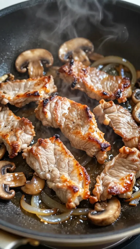 **Close-up of tender pork strips sizzling in a skillet with golden-brown edges, surrounded by sautéed mushrooms and onions, steam rising from the pan.**