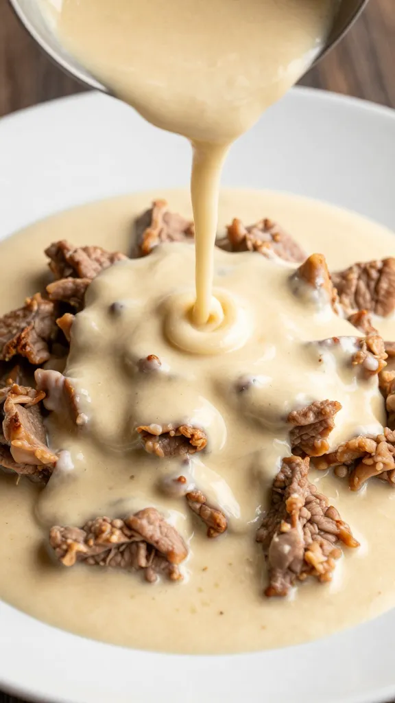 **A creamy stroganoff sauce being poured over perfectly cooked pork, showcasing its velvety texture and rich, glossy finish.**