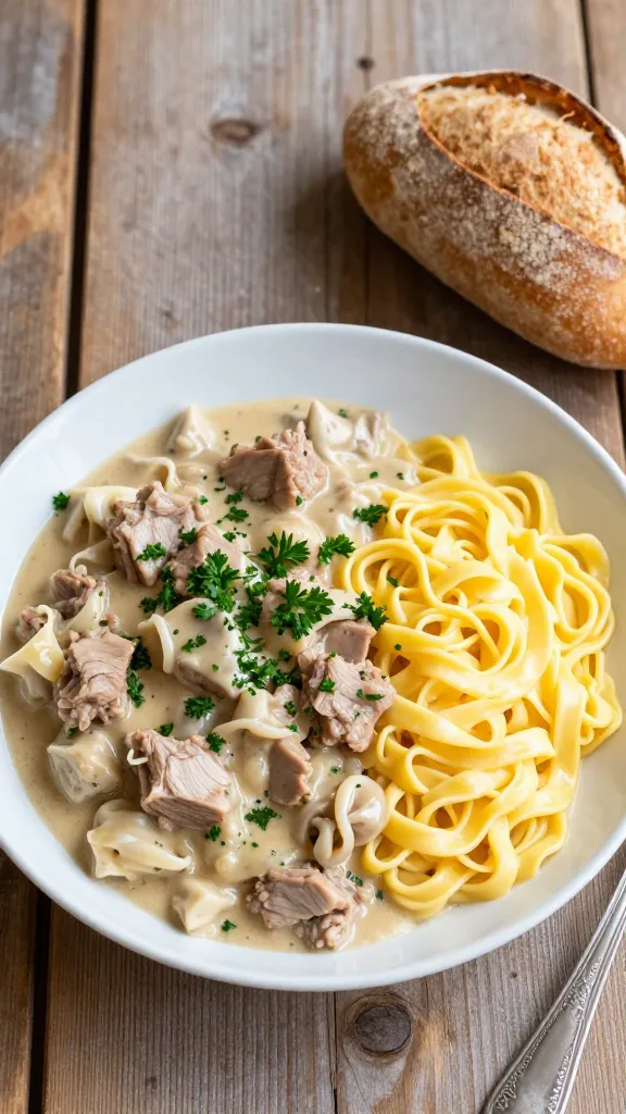 **A rustic wooden table setting with a bowl of pork stroganoff topped with fresh parsley, served alongside buttery egg noodles and a crusty bread roll.**