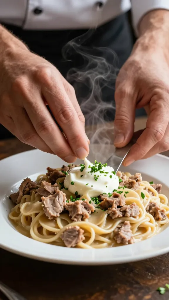 **Chef’s hands garnishing a steaming plate of pork stroganoff with a sprinkle of chopped herbs, a swirl of sour cream visible on top.**