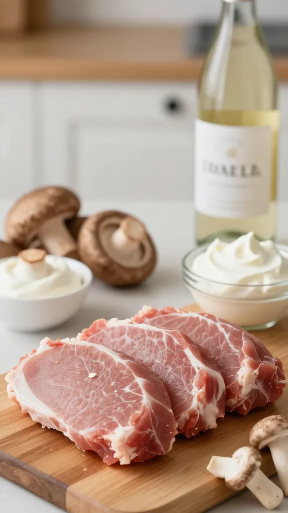 **A cozy kitchen scene with ingredients laid out for the recipe: fresh pork tenderloin, cremini and shiitake mushrooms, sour cream, and a bottle of white wine.** Each prompt avoids text and focuses on vivid, appetizing details from the article.