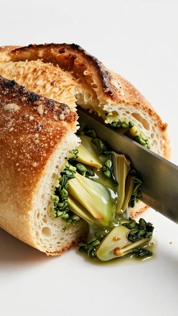 **Side-angle shot of a knife slicing into a stuffed bread loaf, capturing the crisp crust breaking open to expose the rich, green-speckled spinach and artichoke filling oozing out.**