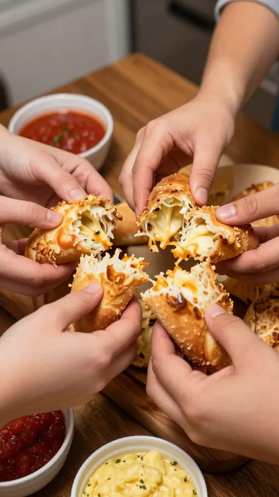 **A casual family-style scene with hands reaching in to pull apart generous, cheesy portions of the stuffed bread, surrounded by dipping bowls of marinara or garlic sauce on a cozy kitchen table.**