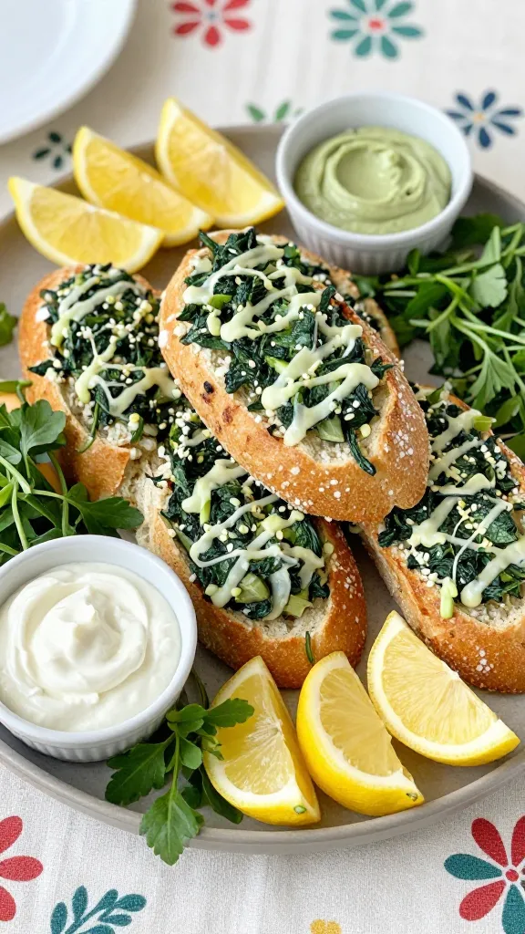**A beautifully arranged party platter with the spinach artichoke stuffed bread as the centerpiece, surrounded by fresh herbs, lemon wedges, and small bowls of extra dip, set against a festive tablecloth.**