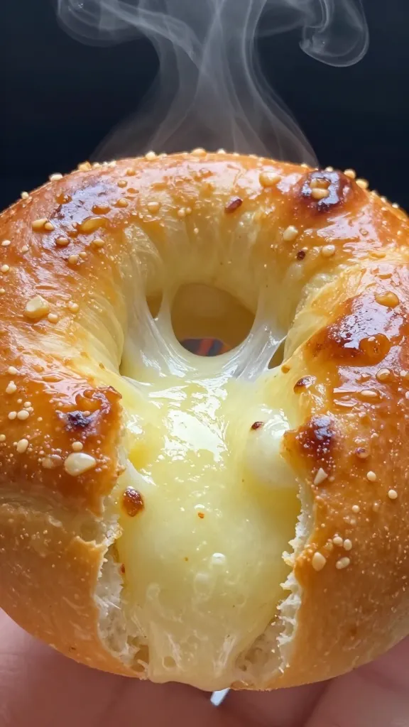 **Close-up of a golden-brown mozzarella-stuffed garlic knot split open, revealing a stretchy, molten cheese center, with steam rising and garlic butter glistening on the crust.**