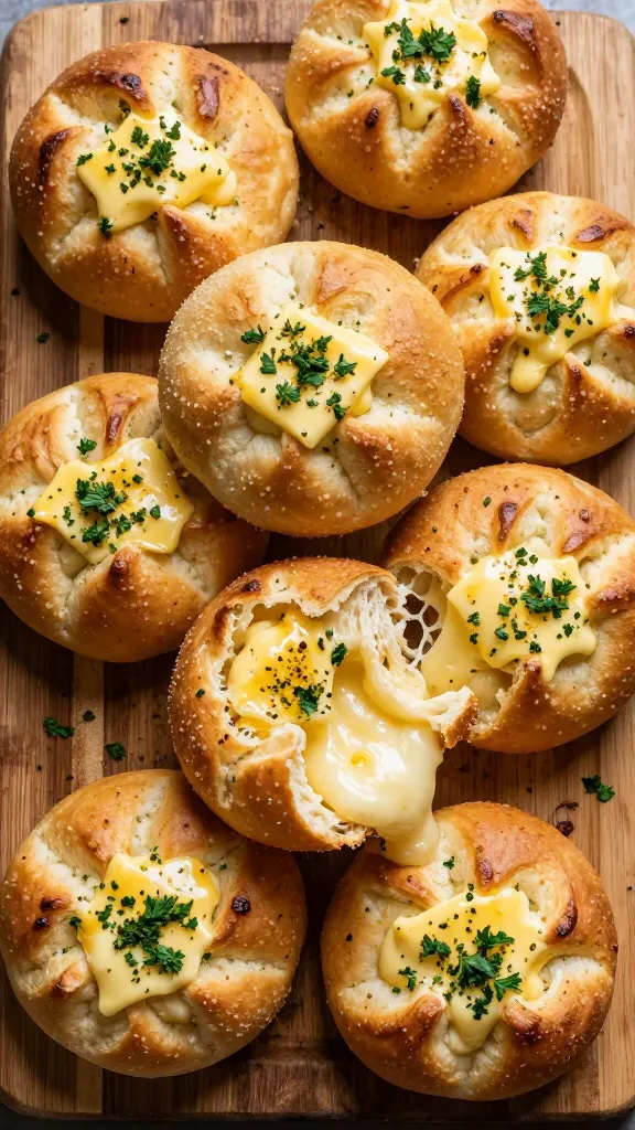 **Overhead shot of a rustic wooden board piled high with freshly baked mozzarella-stuffed garlic knots, brushed with garlic butter and sprinkled with parsley, one knot slightly pulled apart to show the melted cheese.**