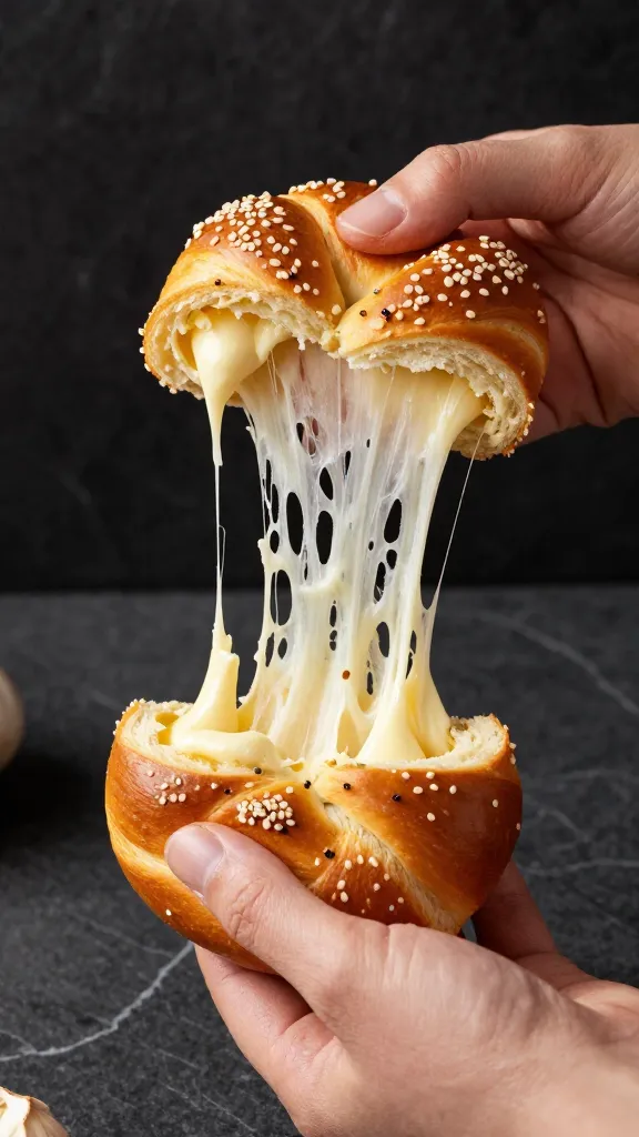 **Hand pulling a mozzarella-stuffed garlic knot apart slowly, with a dramatic cheese pull stretching between the two halves, against a dark marble background.**