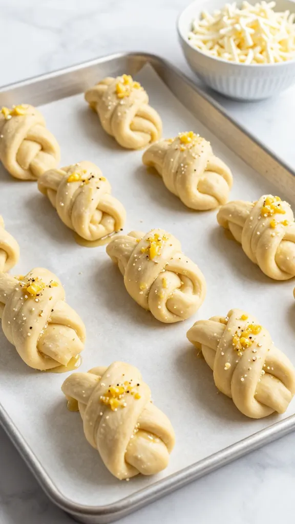 **A baking sheet lined with unbaked mozzarella-stuffed garlic knots, brushed with garlic butter and ready for the oven, with fresh dough twists visible and a bowl of shredded mozzarella nearby.**
