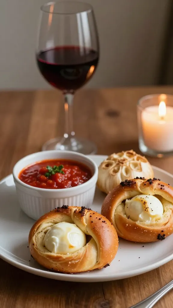 **A cozy table setting with a plate of mozzarella-stuffed garlic knots beside a bowl of marinara sauce for dipping, a glass of red wine in the background, and soft candlelight ambiance.**
