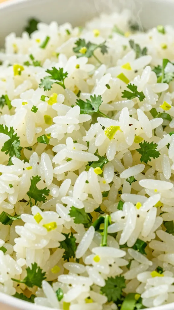 **Close-up of a vibrant bowl of cilantro lime rice**, with fluffy white grains coated in flecks of fresh green cilantro and tiny specks of lime zest, steam rising slightly to emphasize freshness.