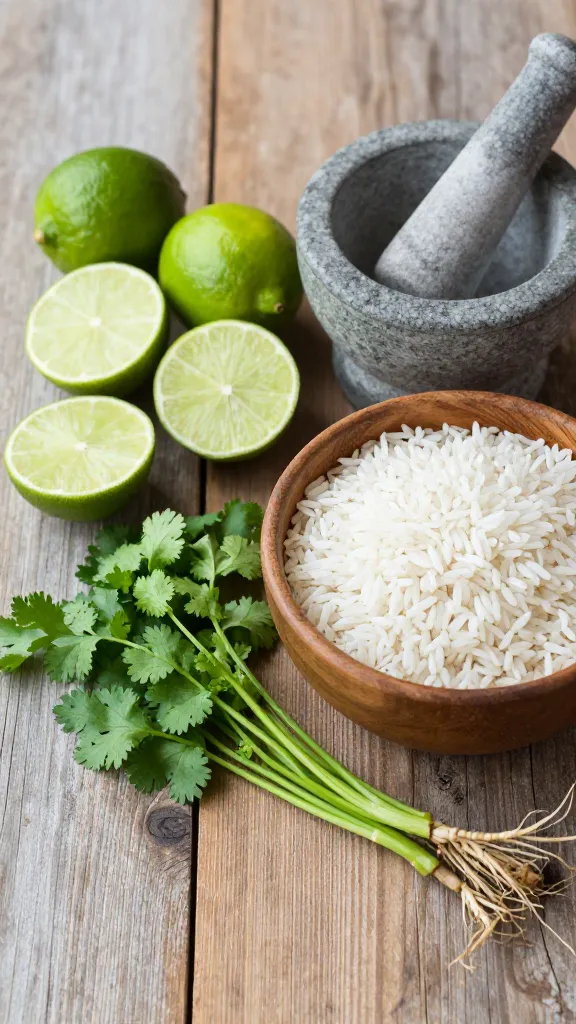 **Fresh ingredients arranged neatly on a rustic wooden table**: whole limes halved to show juicy insides, a small bunch of bright green cilantro with roots still attached, and a bowl of uncooked white rice, with a mortar and pestle nearby for texture.