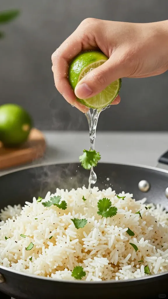 **Hand squeezing lime juice over a sizzling pan of cooked rice**, with cilantro leaves scattered mid-fall, capturing the moment of flavor infusion.
