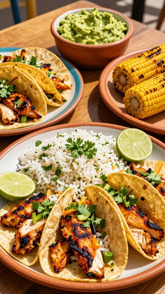 **A colorful Mexican-inspired meal spread**, featuring cilantro lime rice as the centerpiece alongside grilled chicken tacos, charred corn, and a bowl of chunky guacamole, all on a sunlit table.