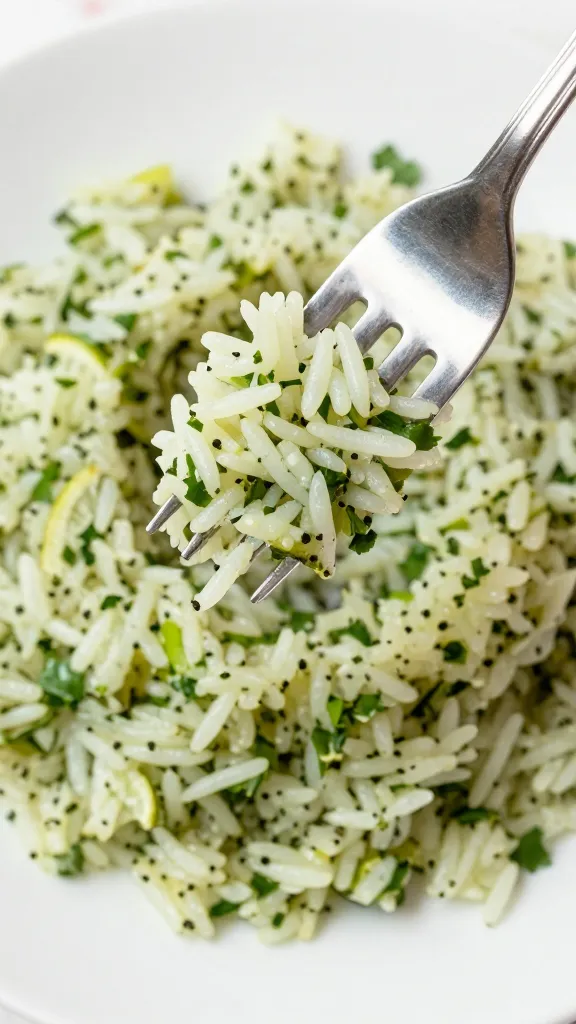 **A textured overhead shot of a fork twisting through a mound of cilantro lime rice**, lifting a perfect bite with visible flecks of herbs and a glossy sheen from lime juice, on a simple white plate. Each prompt avoids text and focuses on vivid, appetizing details from the article.