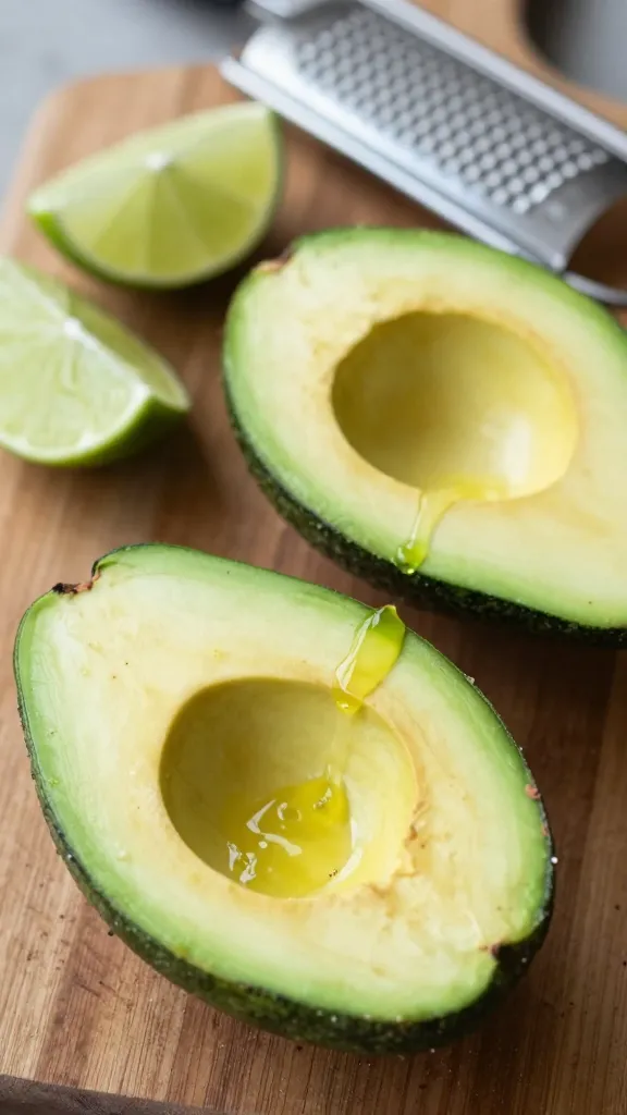 **Close-up of creamy avocado halves drizzled with fresh lime juice**, seeds still attached, on a rustic wooden cutting board with a lime wedge and microplane grater nearby.