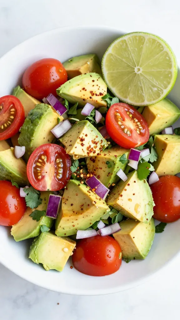 **Overhead shot of a vibrant avocado lime salad in a white bowl**, featuring diced avocados, cherry tomatoes, red onions, cilantro, and a sprinkle of chili flakes, with a lime slice resting on the rim.
