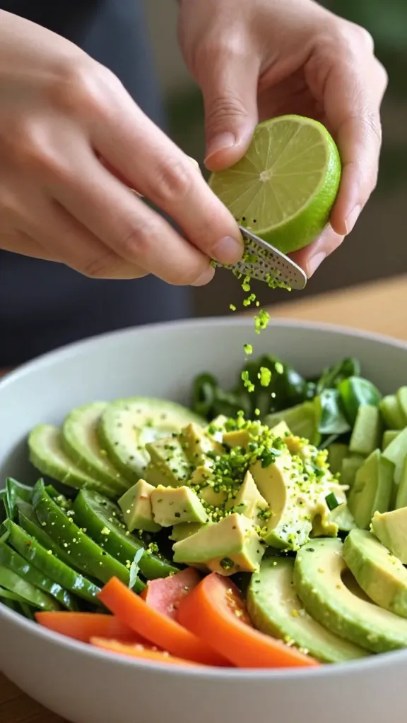 **Hands zesting a lime over a bowl of salad ingredients**, showcasing flecks of green zest falling onto creamy avocado chunks and crisp veggies, with sunlight highlighting the texture.