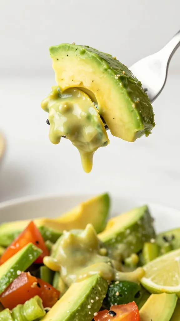 **Side view of a fork lifting a bite of avocado lime salad**, capturing the creamy avocado clinging to crunchy veggies and a drizzle of dressing dripping down.