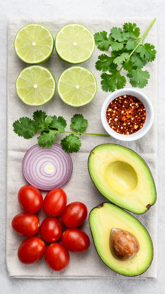 **Flat lay of fresh ingredients for the salad recipe**, including halved limes, ripe avocados, cherry tomatoes, red onions, cilantro sprigs, and a small bowl of chili flakes, arranged neatly on a textured linen cloth.