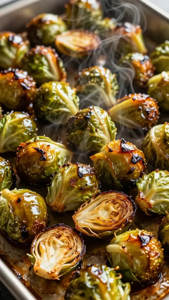 **Close-up of maple-glazed Brussels sprouts roasting on a baking sheet**, caramelized edges glistening under oven light, some leaves crisped and peeling away, steam rising slightly.