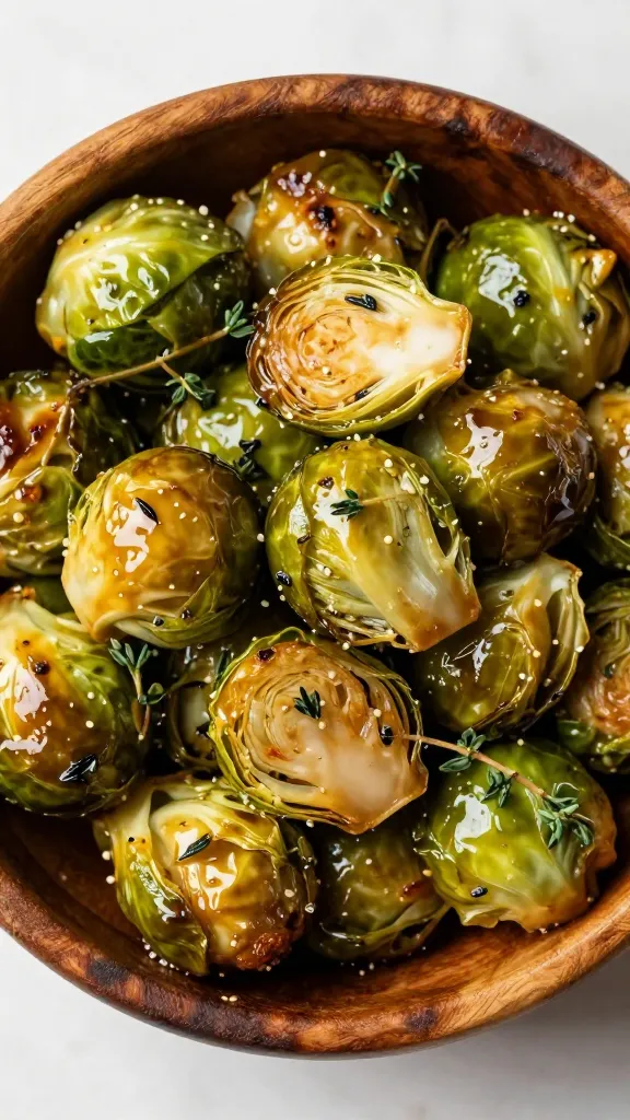 **Overhead shot of a rustic wooden bowl filled with maple-glazed Brussels sprouts**, garnished with fresh thyme sprigs, natural sunlight highlighting the glossy glaze and charred bits.