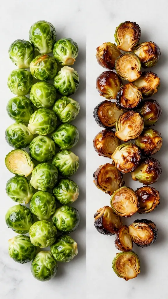 **Side-by-side raw and roasted Brussels sprouts comparison**, one half fresh and green, the other half caramelized and glazed, arranged neatly on a marble countertop.