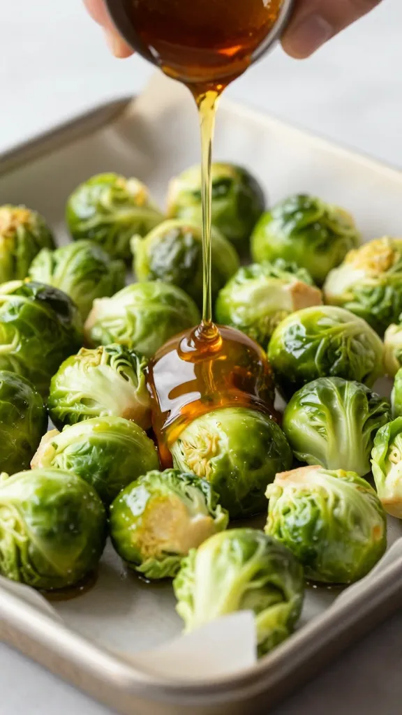 **Hand drizzling maple syrup over Brussels sprouts on a parchment-lined baking tray**, focus on the thick syrup coating the sprouts, wooden spoon visible in the corner.