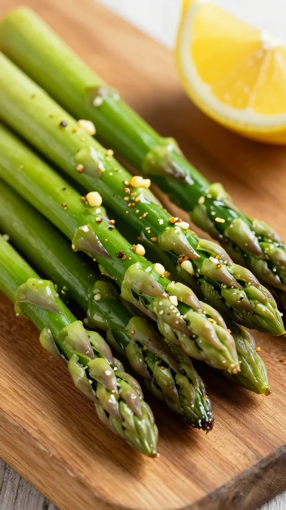 **Close-up of vibrant green asparagus spears tossed in a glossy lemon-garlic glaze, sprinkled with zest and minced garlic, resting on a rustic wooden cutting board with a bright lemon wedge nearby.**