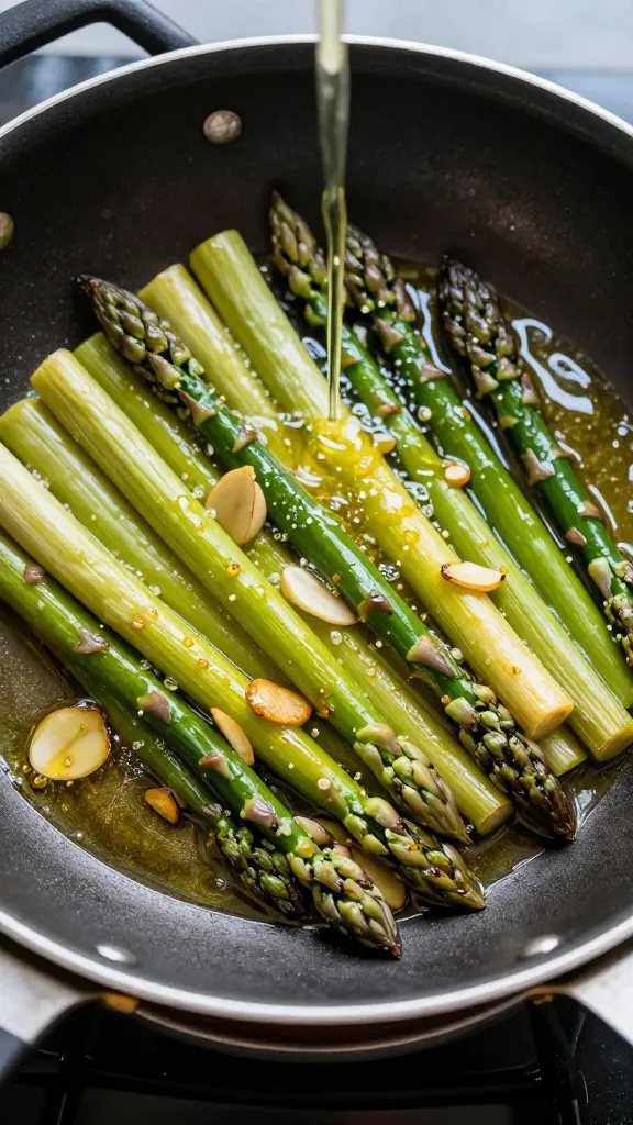 **Overhead shot of a sizzling skillet with asparagus spears caramelizing in olive oil, golden garlic slices clinging to them, and a drizzle of fresh lemon juice caught mid-pour.**