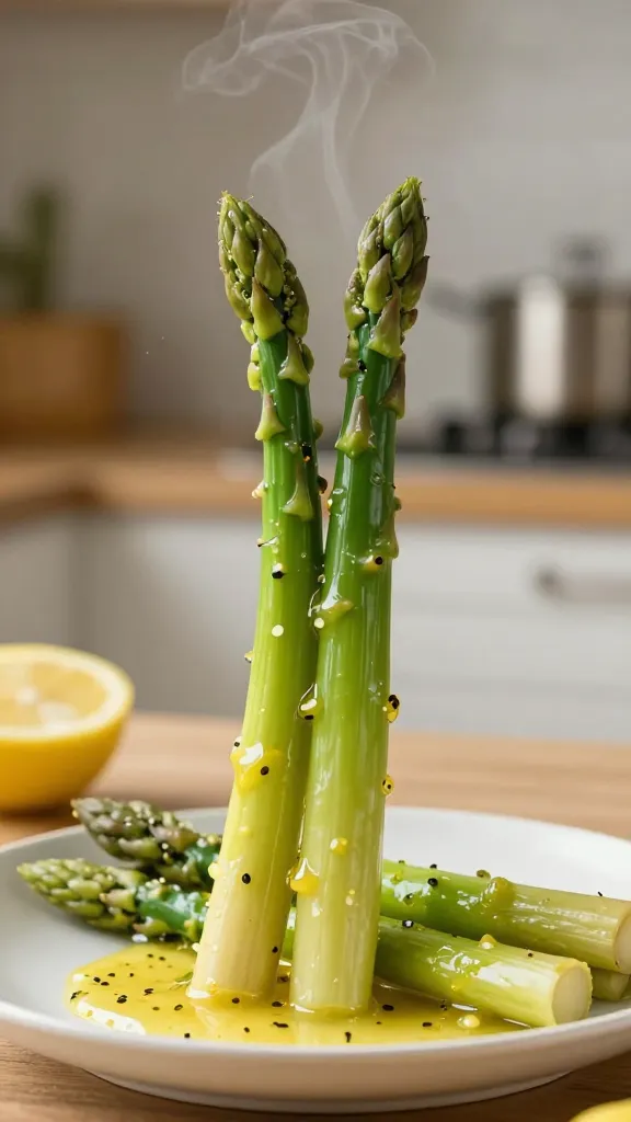 **A fork lifting a perfectly cooked asparagus spear, coated in shimmering lemon-garlic sauce, with steam rising and a blurred background of a cozy kitchen setting.**