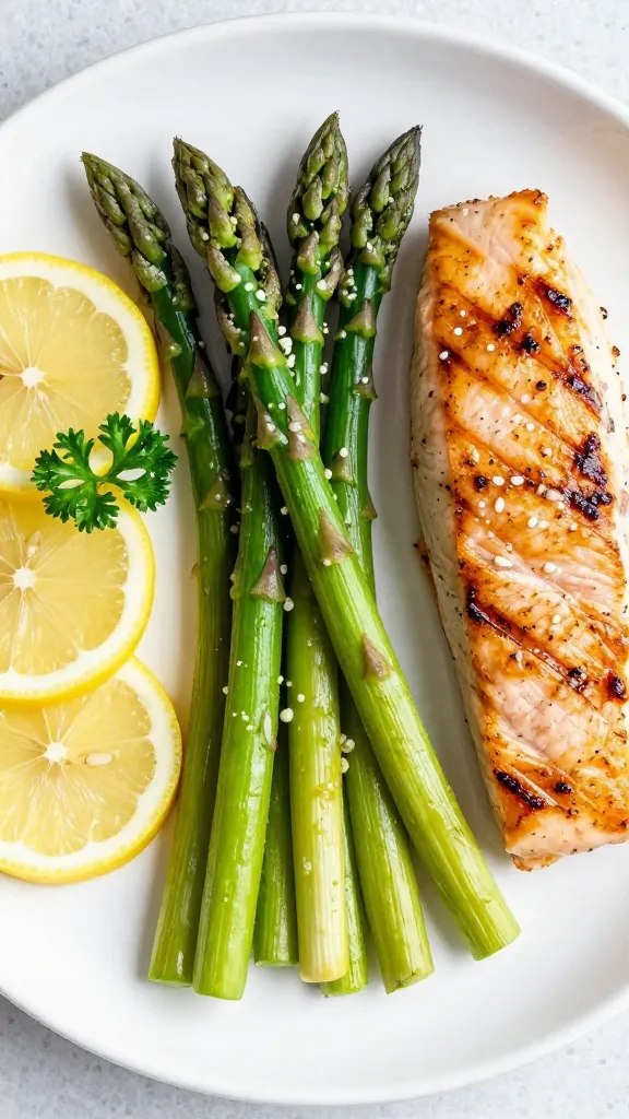**A vibrant plated dish where lemon-garlic asparagus is the centerpiece, arranged artfully alongside grilled chicken or salmon, garnished with lemon slices and fresh parsley.**