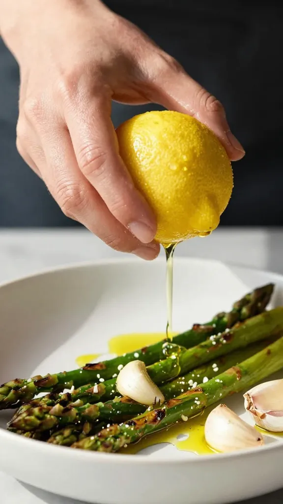 **Hands squeezing a fresh lemon over a bowl of roasted asparagus, with garlic cloves and a drizzle of olive oil visible, shot in natural sunlight for a fresh, inviting feel.** Each prompt avoids text and focuses on the dish’s key elements: freshness, texture, and the lemon-garlic pairing.