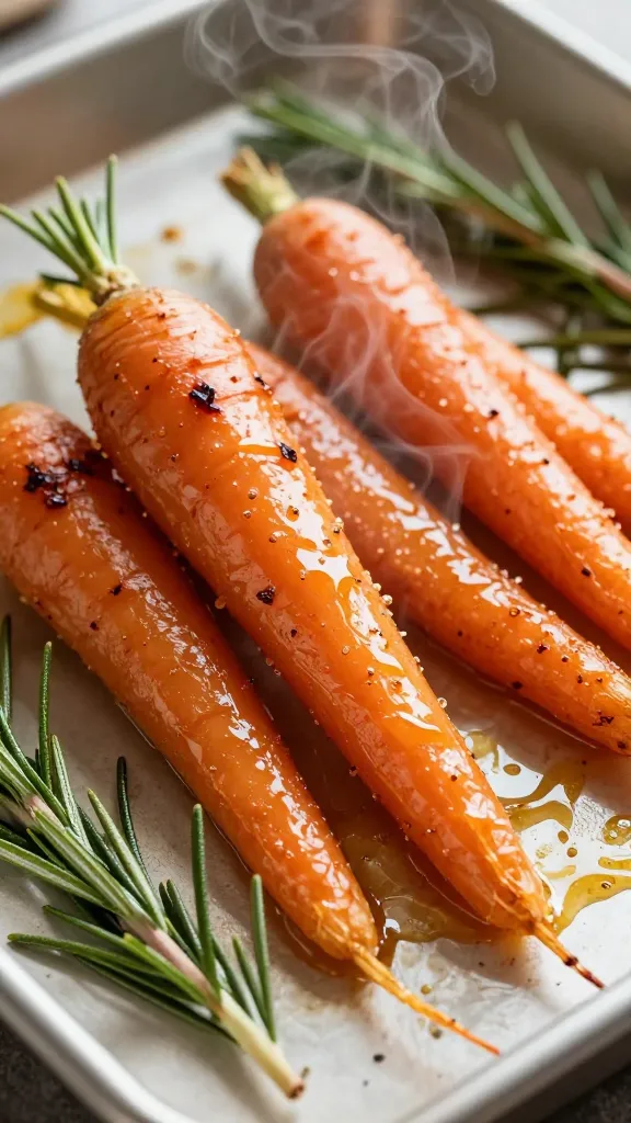 **Close-up of honey garlic roasted carrots glistening with glaze on a baking sheet**, caramelized edges crisp and golden, fresh rosemary sprigs scattered around, steam rising slightly to emphasize warmth.