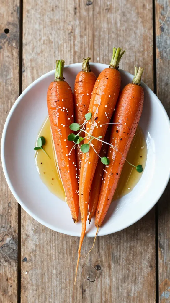 **Overhead shot of a rustic wooden table** with a white ceramic bowl filled with honey garlic roasted carrots, drizzled with extra honey, garnished with sesame seeds and microgreens, soft natural lighting.