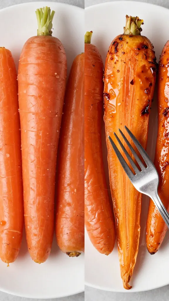 **Side-by-side comparison of boiled carrots (pale and limp) vs. roasted carrots (vibrant and caramelized)**, arranged on contrasting plates with a fork piercing one roasted carrot to highlight texture.