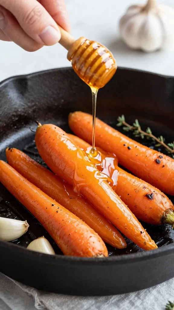 **Hands drizzling warm honey over sizzling roasted carrots in a cast-iron skillet**, garlic cloves and thyme visible in the pan, focus on the glossy, sticky sauce coating the carrots.