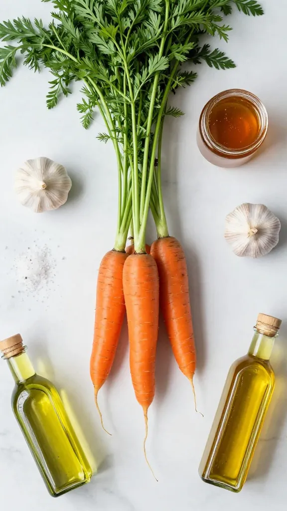 **Vibrant flat-lay of ingredients for the recipe**: fresh carrots with tops still attached, a jar of honey, whole garlic bulbs, olive oil bottle, and sea salt scattered artfully on a marble countertop.
